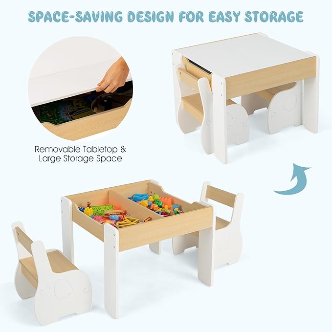 INFANS 3 in 1 Kids Table and Chair Set, Wood Multi Activity Table with Removable Tabletop Storage, Detachable Blackboard for Toddler Playing Drawing Arts Crafts,3 PCS Children Furniture