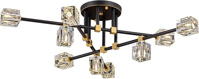 Modern Sputnik Chandelier, Semi Flush Mount Ceiling Light Fixture with 9-Lights, Black and Gold K9 Crystal Ceiling Light for Living Room, Dining Room, Foyer,Kitchen Island,Bedroom