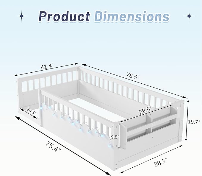 Twin Size Montessori Bed, Wood Twin Montessori Floor Bed with High Rails & Storage Shelf, Baby Floor Beds with LED Light for Boys & Girls, White