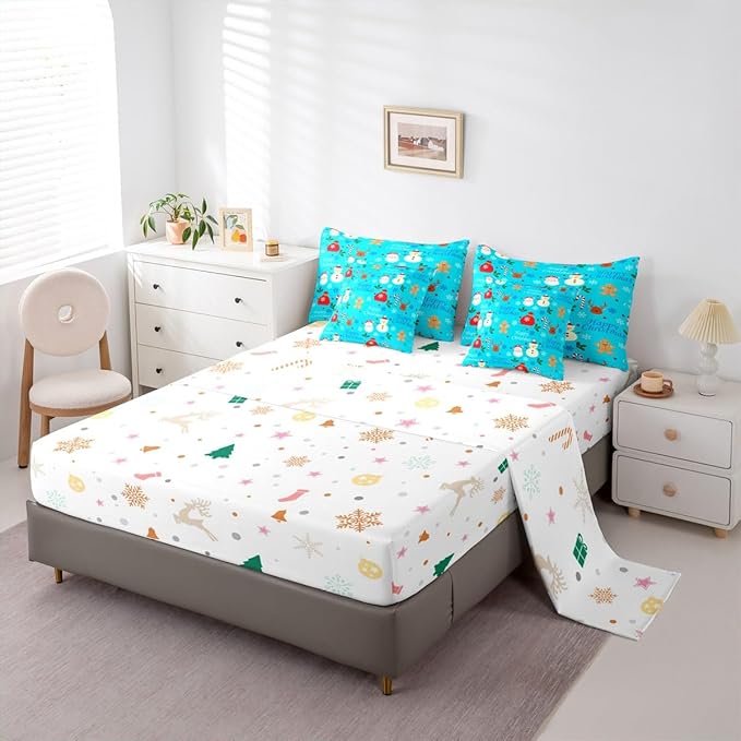 Christmas Deer Comforter Set With Sheets 7 Piece King Size Cute Gingerbread Man Bedding Set for Kids Boys Girls Christmas Santa Claus Bed in a Bag Reversible Xmas Decor Room Decor Soft Lightweight