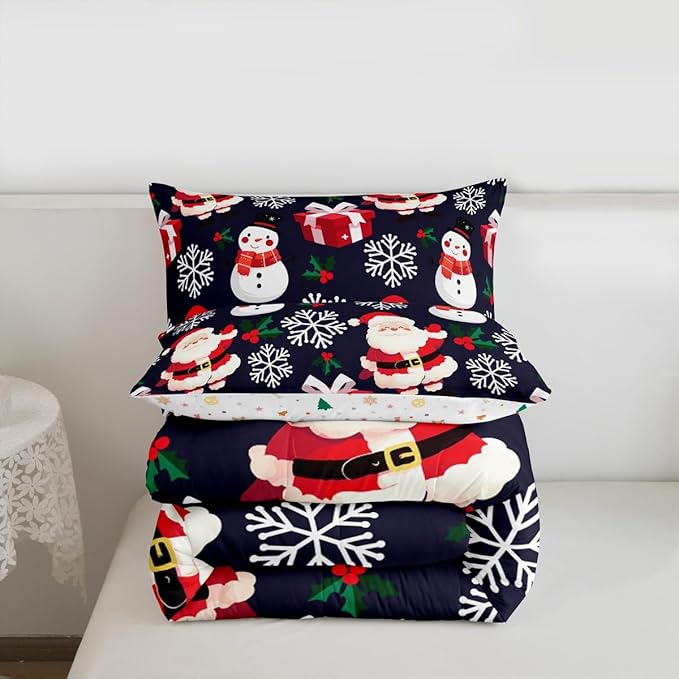 jejeloiu Merry Christmas Comforter Set Full Size Xmas Santa Claus Bedding Set for Kids Boys Girls Cute Snowman Duvet Quilt Dark Blue Bedroom Decor