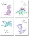 Gubrandin Watercolor Dinosaur Print Motivational Quote Wall Art Nursery Bedroom Decoration Funny Animals Poster for Boys or Girls Bedroom (8x10 inch，Set of 4，Unframed)