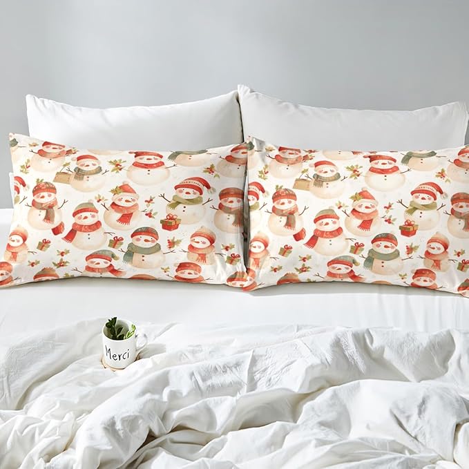 Manfei Cute Snowman Duvet Cover Set Twin Size, Christmas Theme Bedding Set for Kids Kids Girls Room Decor, Western New Year Comforter Cover, Lightweight Bedspread Cover, 1 Pillowcase, No Comforter