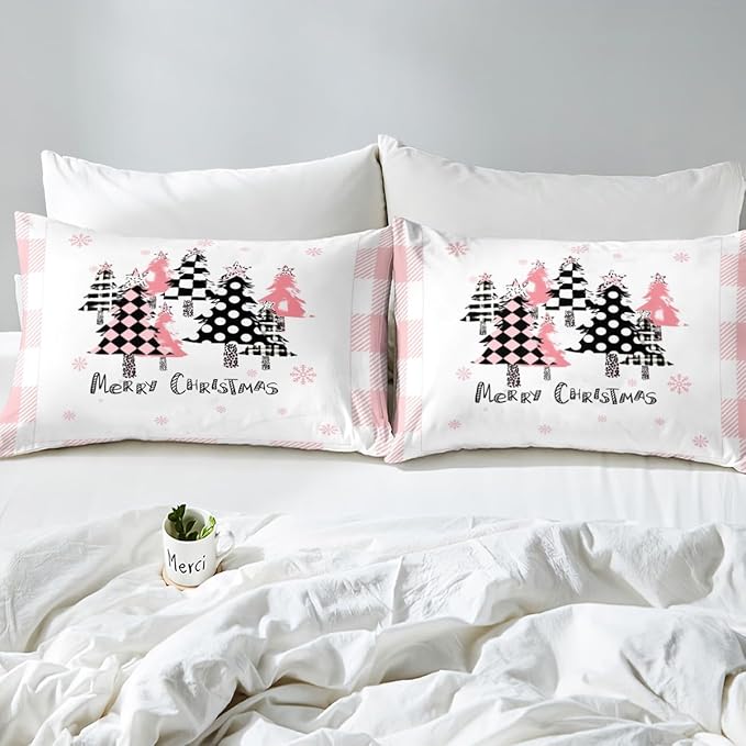 Merry Christmas Duvet Cover Set Full Size, Pink Plaid Xmas Trees Bedding Set 3pcs, New Year Holiday Quilt Cover with Zipper Closures, Kids Girls Santa Claus Room Decor, 2 Pillowcases, No Comforter