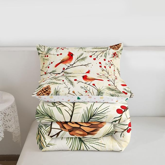 Feelyou Cardinal Bird Kids Comforter Set Toddler Size Pine Branch Bedding Set Red Berry Duvet Quilt for Kids Boys Girls Bedroom Pine Cone Decor Winter Christmas Pattern Ultra Soft Breathable