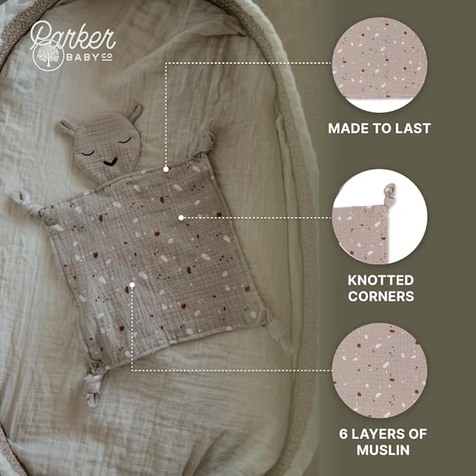 Parker Baby Muslin Lovey Security Blanket for Babies | 100% Organic & Hypoallergenic Muslin Cotton | Soft & Safe for Newborns and Toddlers | Travel Friendly Sleep Soother