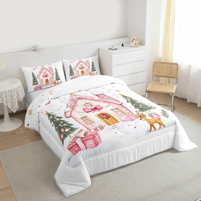 Feelyou Gingerbread House Bedding Set Soft for Boys Girls, Christmas Tree Comforter Set Twin Size Reindeer Duvet Quilt Microfiber Snowflake Bedroom Decor Holiday Scene 2 Pcs with 1 Pillow Cases