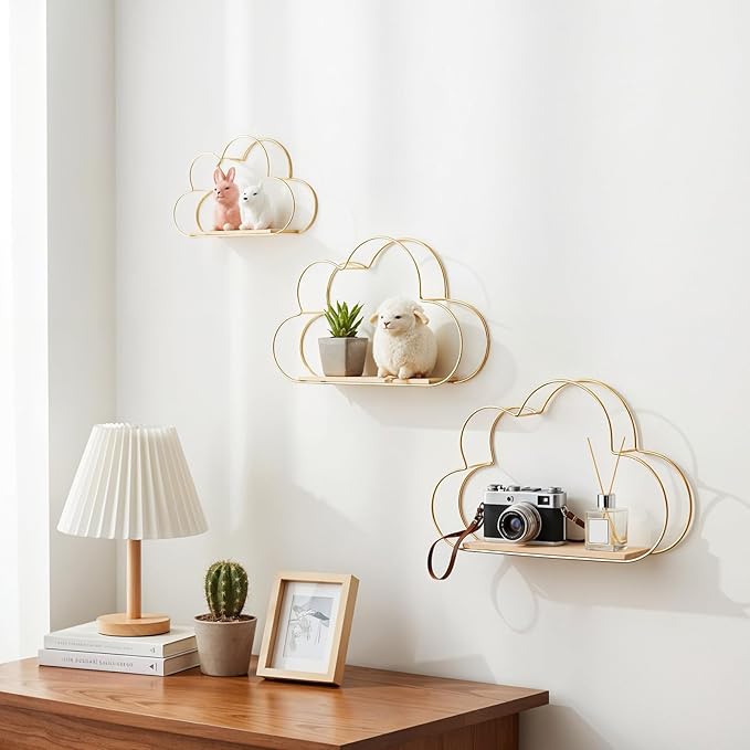 Golden Cloud Shape Floating Shelves Wall Decor,Gold Metal Wire and Wood Base Wall Mounted Shelf Decorations for Home Bedroom Living Room Set of 3