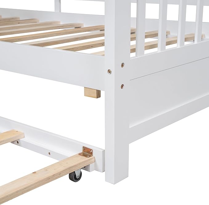 Harper & Bright Designs Twin Size Modern House Bed with Roof, Wooden Twin Kids House Bed Frame with Trundle and Storage Shelf, White