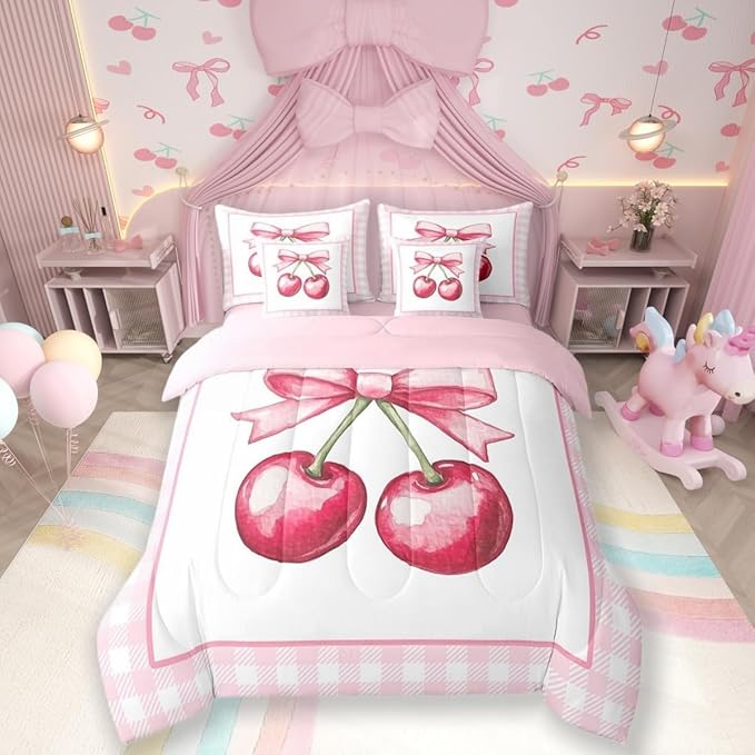 7 Pieces Cherry Bowknot Kids Comforter King,Geometric Plaids Grids Patchwork Fashion Bedding Set,Bow Tie Princess Dreamy Pink Cute（Comforter+Fitted+Flat Sheet+2 Pillowcases+2 Throw Pillow Covers）