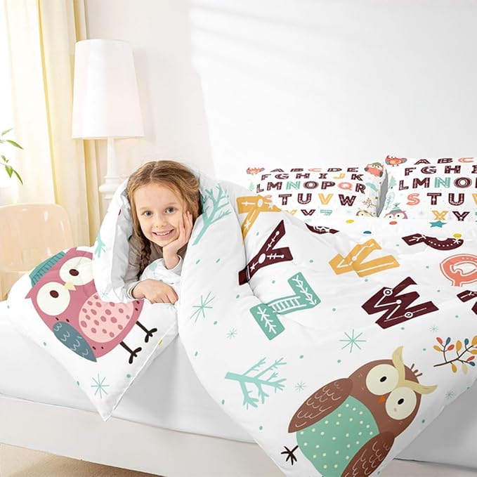 Feelyou Alphabet Kids ABC Learning Comforter Set Full Size Cartoon Owls Bedding Set for Kids Boys Girls Educational Nursery Art Duvet Quilt Wildlife Bedroom Decor 3 Pcs with 2 Pillow Cases