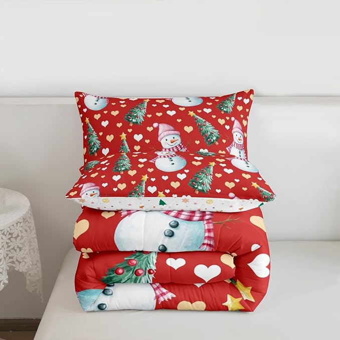 Feelyou Merry Christmas Comforter Set Twin Size Cute Snowman Bedding Set for Kids Boys Girls Christmas Tree Duvet Quilt Love Hearts Microfiber 2 Pcs with 1 Pillow Cases
