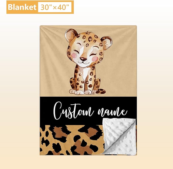 Personalized Toddler Bedding Set, 5 Pcs Custom Name Crib Bedding Set for Boys Girls, Brown Leopard Flannel Baby Bedding Set, Double Layer Baby Crib Set, Customized Gifts for Newborns Infants