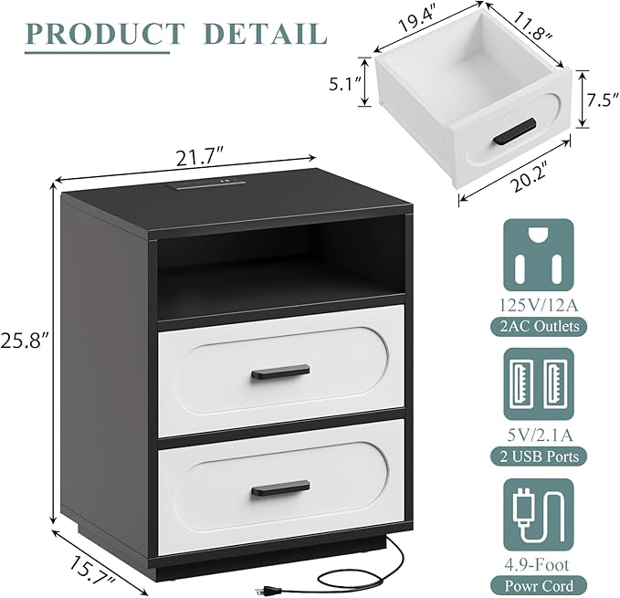 Nightstand Set of 2 with Charging Station, End Table with 2 Drawers Storage, Space-Saving Wood Storage Cabinet with Unique Base Design, Bedside Table for Bedroom, Living Room