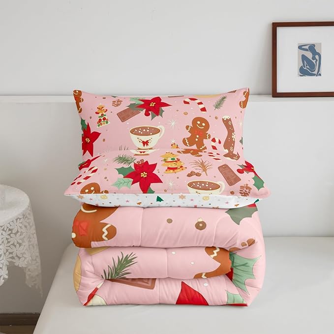 Feelyou Cute Gingerbread Man Bedding Set for Kids Boys Girls Queen Size Christmas Trees Comforter Set Ultra Soft Candy Comforter Dessert Duvet Quilt Bedroom Decor Christmas Decor Quilt