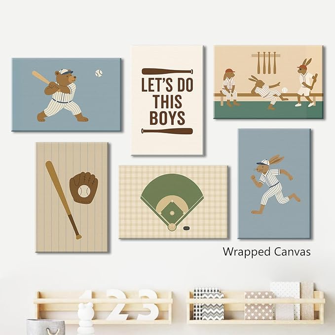 Baseball Poster Canvas, Baby Boy Sports Nursery Wall Art, Cute Animal Rabbit Bear Athletes Pictures, Let's Do This Boys Charming Quote Print, Kids Bedroom Baseball Field Art 16x24in Wrapped Canvas