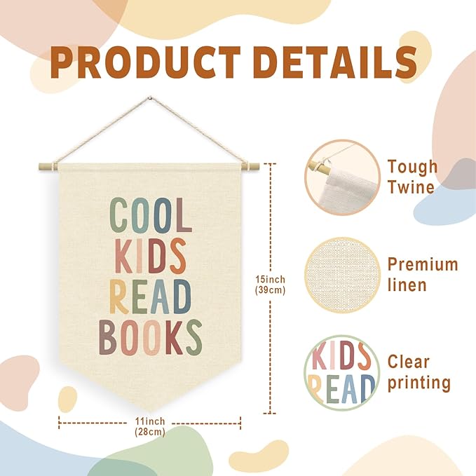 Cool Kids Read Books Reading Room Decor - Boho Rainbow Canvas Banner Flag Decor for Kids Nursery Toddler Reading Corner Nook Classroom Library, Wall Hanging Pennant Flag Banner 15x11in