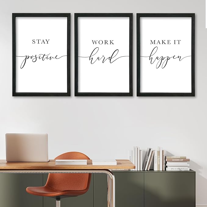YWJKWLGS Inspirational Office Wall Art Set 16x24 Inch 3 piece Motivational Quotes Wall Decor Stay Positive Work Hard Make It Happen Signs for Home & Office Wood Framed Hanging (Black)