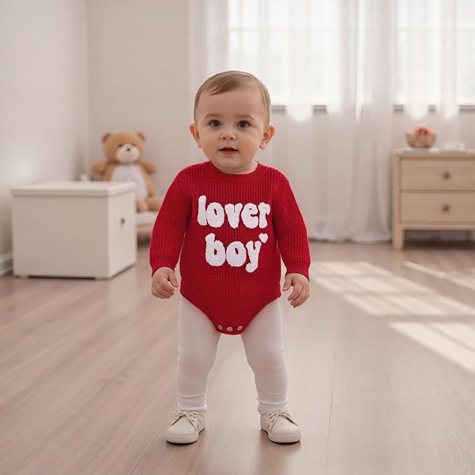 Lesimsam Newborn Baby Boy Girl Valentines Day Outfit Oversized Embroidery Long Sleeve Knit Sweater Bubble Romper Bodysuit