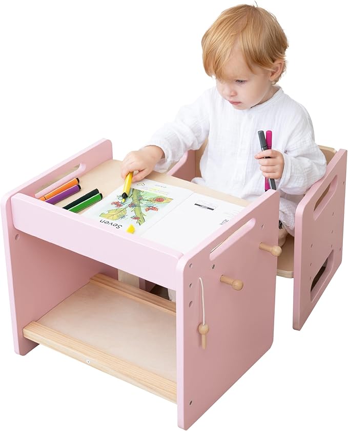 Montessori Weaning Table and Chair Set - Adjustable Design for Toddlers, Ideal for Mealtime, Learning, and Play, Pink