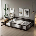 Queen Size Montessori Floor Bed Frame with Convertible Door & Wood Slats for Kids,Wood Montessori Bed with Safety Guardrails for Girls & Boys,Espresso