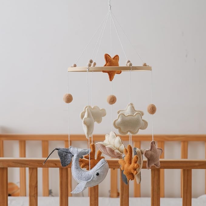 Handmade Crib Mobile - 240g Felt Animal | Soothing Nursery Decor | Gender Neutral Hanging Whale Clouds Room Decoration Christmas Birthday Gift