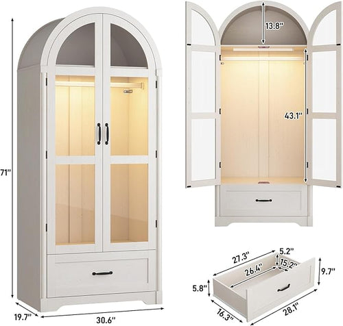 2 Doors Arched Armoire Wardrobe Closet w/Drawers,LED Light,Wooden Closet Wardrobe Cabinet with Hanging Rod for Bedroom,Modern Armoire Storage Cabinet w/Shelf,Antique White