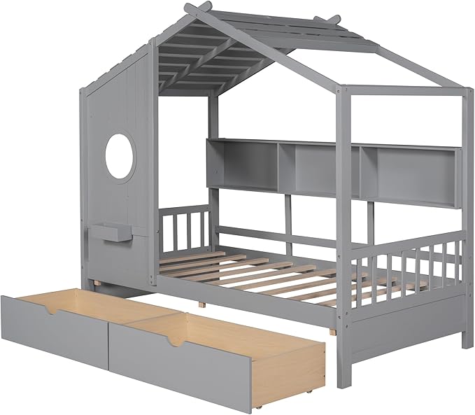Harper & Bright Designs Twin Size Modern House Bed with Roof, Wooden Twin Size House Bed with 2 Drawers and Storage Shelf, Gray