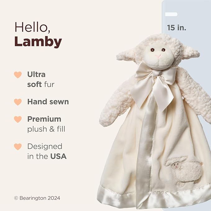 Bearington Baby Lamby Snuggler - 15" White Lamb Plush Lovey for Babies - Soft Stuffed Animal Security Blanket with Satin Bow and Embroidered Eyes - Sweet Baptism Gift Blanket for Boys and Girls