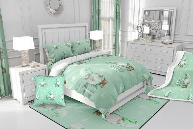 Feelyou Green Christmas Comforter Set All Season Scandinavian Christmas Santa Gnomes Bedding Set with 2 Pillow Cases Xmas Snowflake Kids Full Bedclothes Bedroom Decor Breathable Soft