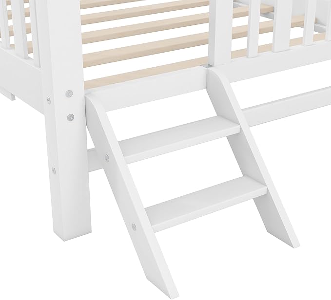 LUMISOL Twin Size Low Platform Bed Frame with Trundle, Wood Floor Bed with Ladder & Fence Guardrail for Kids Teens Girls Boys, No Box Spring Needed, White
