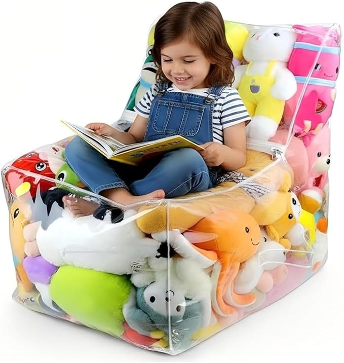 Clear Stuffed Animal Storage Bean Bag Chair Cover - Extra Large 150L, Waterproof & Easy-Clean Toy Organizer with Plastic Window,forNursery, Bedroom, Playroom (Cover Only, No Filler) (B1pcs)