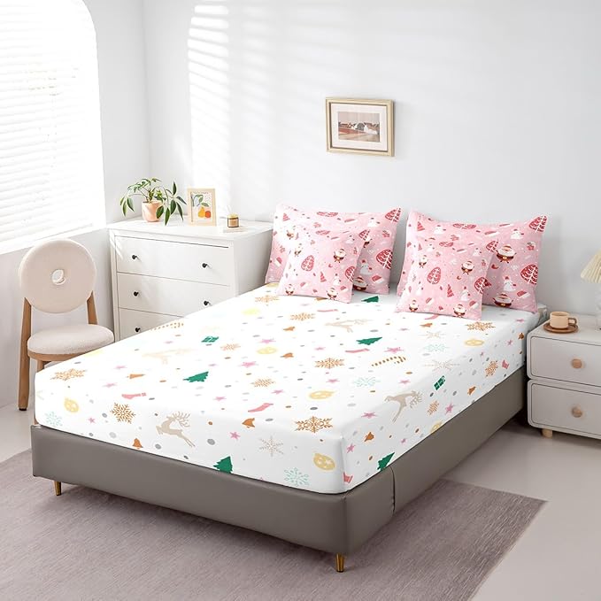Feelyou Santa Claus Bed in a Bag Cute Rabbit Kawaii Pink Comforter Set with Sheets for Kids Boys Girls Decor Merry Christmas Bed Set Girly Pink Bedding Set Bedroom Collection Twin Size