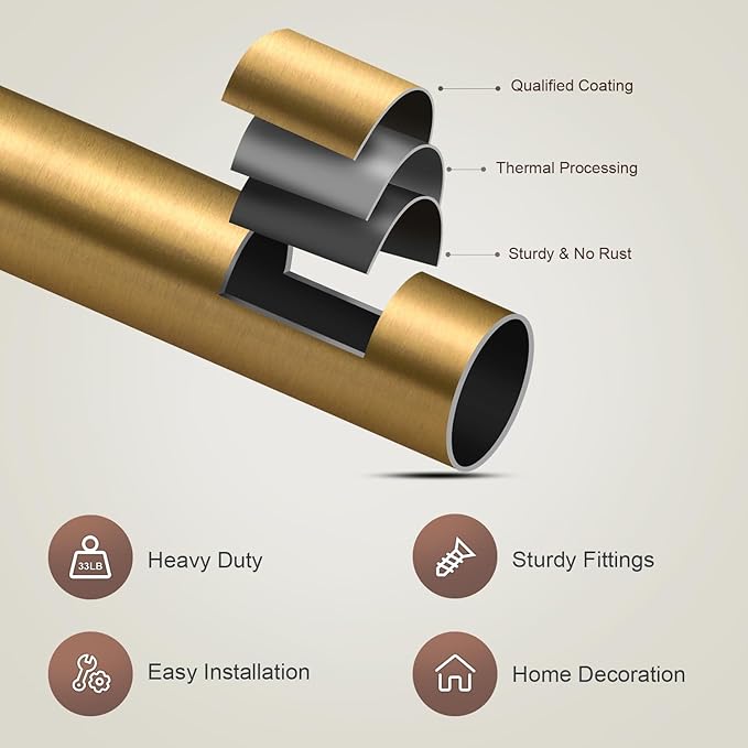 Brass Curtain Rods for Windows 28 to 48 Adjustable Modern Gold Curtain Rod 1 inch Diameter Heavy Duty with Solid Metal Finials for Living Room Bedroom Farmhouse Outdoor Patio