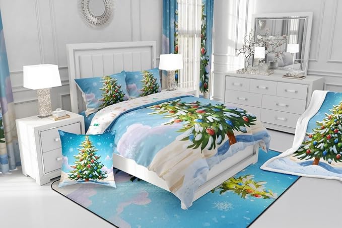 Feelyou Christmas Bedding Set Soft for Boys Girls, Xmas Tree Comforter Set Queen Size Christmas Tree Ornaments Duvet Quilt Microfiber Winter Snowflake Bedroom Decor 3 Pcs with 2 Pillow Cases