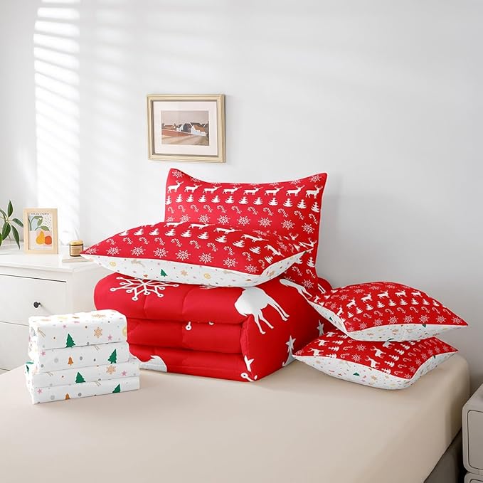 Erosebridal Christmas Twin Bedding Set 7 Piece,Xmas Elk Deer Bed in A Bag,Winter Snowflake Comforter Set Candy Pine Tree Sheet Set with Comforter,Red Christmas Decoration