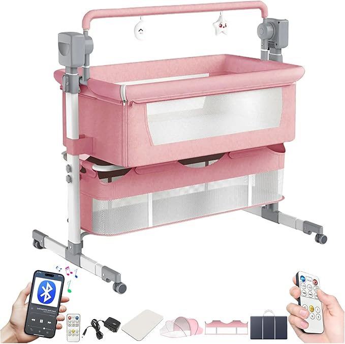 Electric Bluetooth Smart Baby Bedside Bassinet, Baby Bassinet Bedside Sleeper, Next to Me Crib with Wheels, Foldable Co-Sleeping Bed Bassinet for Newborn with 5 Swaying Gears and Remote (601 Pink)