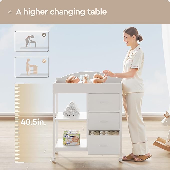 Changing Table Dresser, Baby Dresser with 3 Fabric Drawers and 2 Shelves, Multi-Functional Baby Changing Table with Pad, Classic Nursery Dresser, Diaper Changing Station for Nursery, White