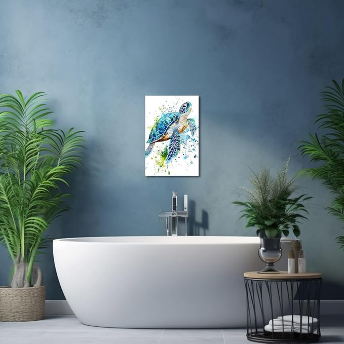 AWPANERAR Sea Turtle Wall Art Bathroom Pictures Watercolor Sea Life Canvas Prints Ocean Animal Poster Nautical Theme Artwork for Kids Room Nursery Decor Framed (White, (42L x 28W))