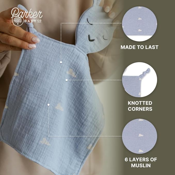 Parker Baby Muslin Lovey Security Blanket for Babies | 100% Organic & Hypoallergenic Muslin Cotton | Soft & Safe for Newborns and Toddlers | Travel Friendly Sleep Soother