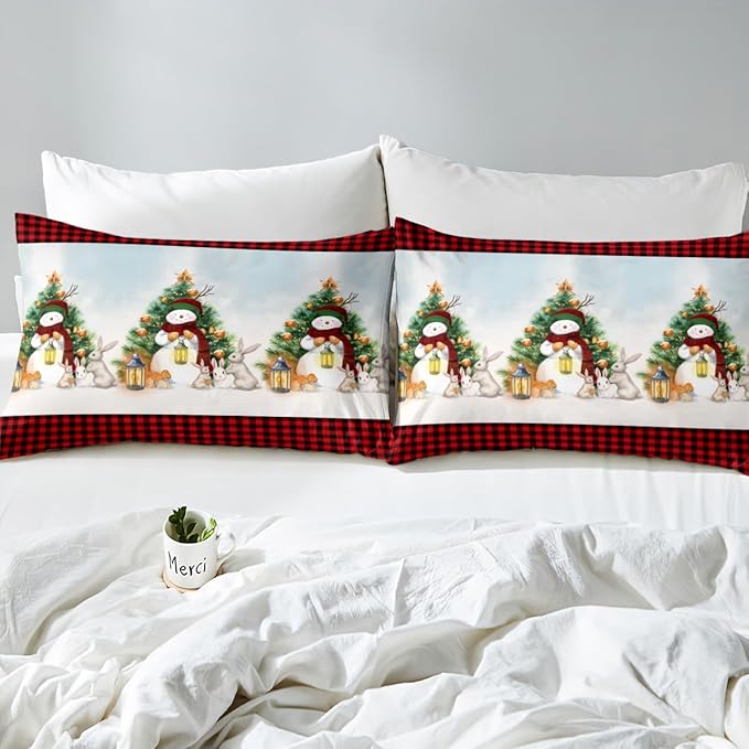 Manfei Red Plaid Duvet Cover Set Twin Size, Snowman and Xmas Tree Print Bedding Set 2pcs for Kids Boys Girls Bedroom Decor, Christmas Theme Comforter Cover with 1 Pillowcase,No Comforter