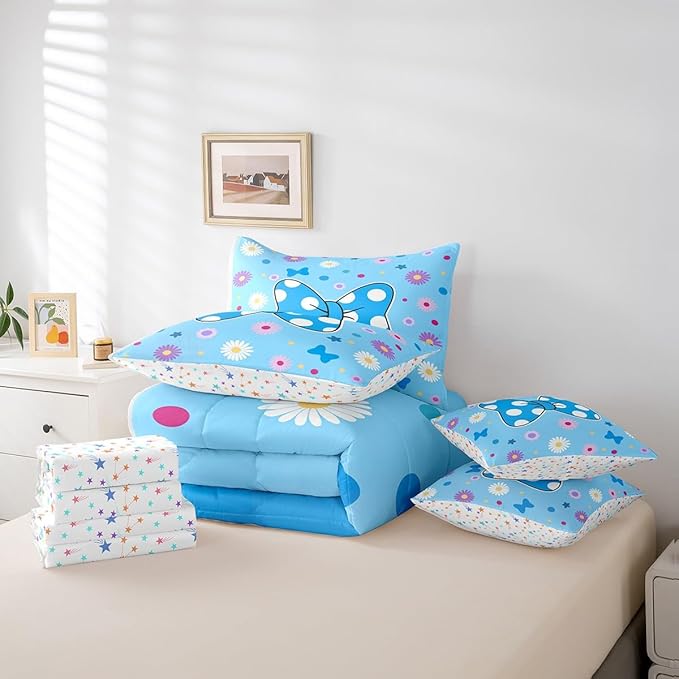 7 Pieces Blue Bowknot Kids Comforter Set King,Daisy Flowers Geometric Dot Patchwork Bedding Set,Star Bow Tie Princess Cute Dreamy（Comforter+Fitted+Flat Sheet+2 Pillowcases+2 Throw Pillow Covers）