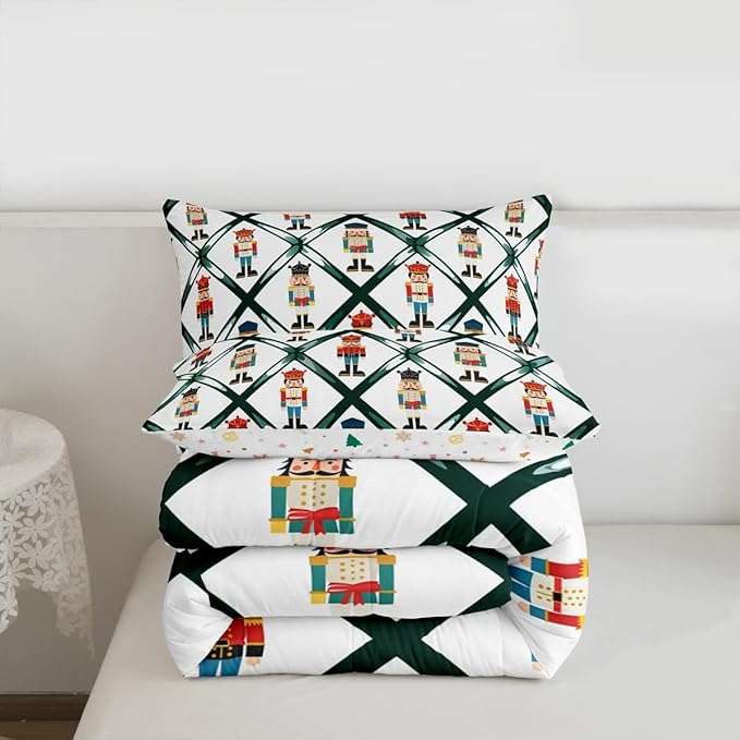 Feelyou Cute Nutcracker Bedding Set Soft for Boys Girls,Green Lattice Pattern Comforter Set Full Size Colorful Duvet Quilt Microfiber Funny Soldier Bedroom Decor Kawaii 3 Pcs with 2 Pillow Cases