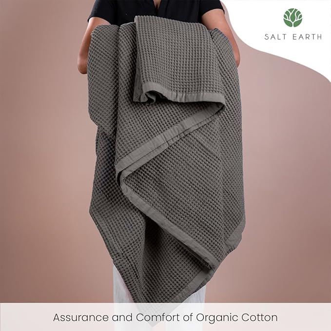 Salt Earth GOTS Certified 100% Organic Cotton Throw Blanket, 90" X 90" Waffle Blankets & Throws for Bed, Throw Blanket for Couch, Modern & Cozy Blanket, All Season,Comfy & Soft Blanket(Charcoal Grey)
