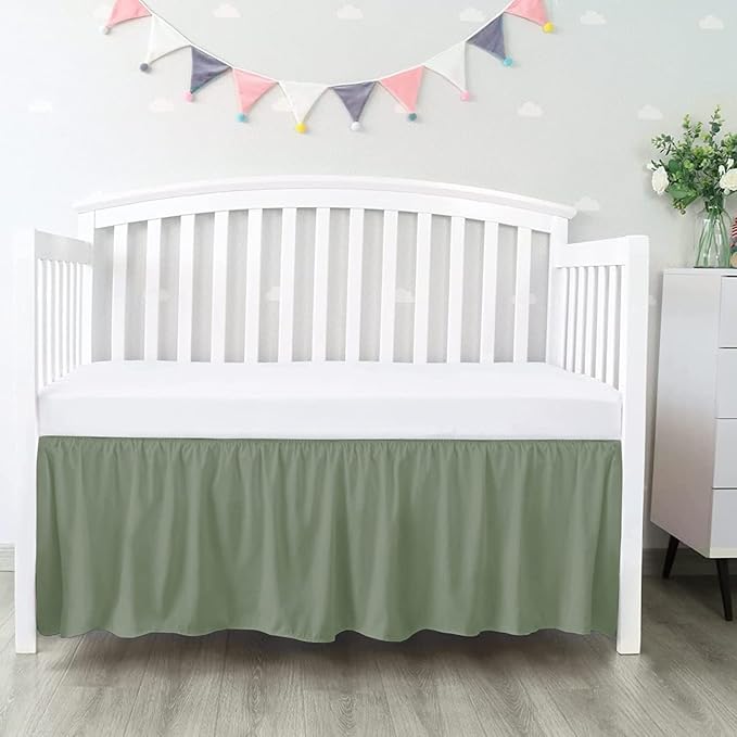 100% Egyptian Cotton, Nursery Crib Toddler (28" x 52" + 16") 800 Thread Count Crib Skirt Dust Ruffle, Bedding Skirts for Baby Boys or Girls, 16" Drop, Sage Solid