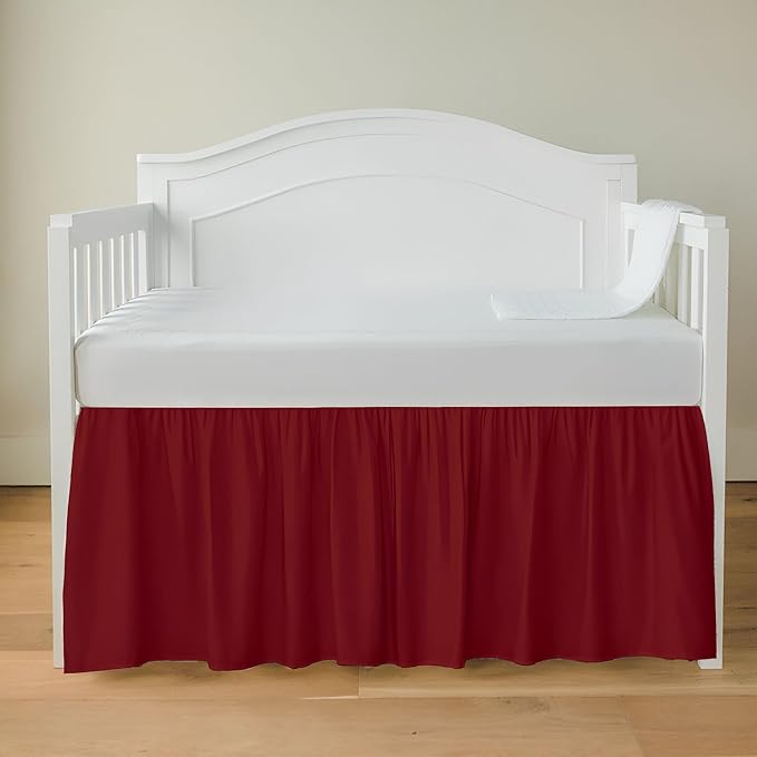 Luxury Crib Bed Skirt 28" x 52" with 14 Inch Drop Soft & Breathable Dust Ruffle Fits Standard Crib and Toddler Bed Nursery Microfiber Fabric Ruffle Bed Skirt for Baby Boys or Girls Burgundy Solid