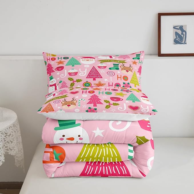 Merry Christmas Kids Comforter Set King Size,Cartoon Santa Claus Snowman Bedding Set,Boys Girls Adults Room Decor,Christmas Trees Deer Cute Down Comforter,Pink Romantic Duvet Insert,2 Pillowcases