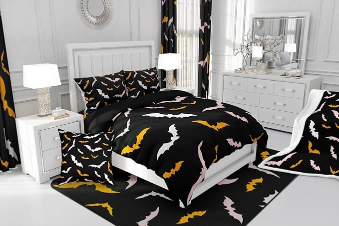 Erosebridal Bat Bedding Set Happy Halloween Comforter Set King Size for Kids Boys Bedroom Pink and Orange Bat Quilt Gothic Spooky Style Duvet Insert with 2 Pillow Cases