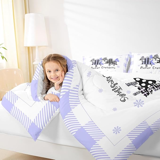 Manfei Xmas Trees Comforter Set King Size, Blue Plaid Grid Snowflake Bedding Set 3pcs for Kids Girls Boys Adults Room Decor, Christmas Theme Down Comforter New Year Quilt Set with 2 Pillowcases