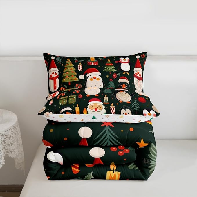 Feelyou Christmas Bedding Set Soft for Boys Girls, Penguin Santa Comforter Set Queen Size Xmas Tree Snowflake Duvet Quilt Microfiber New Year Gift Bedroom Decor 3 Pcs with 2 Pillow Cases